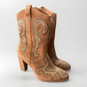 Donald J Pliner Suede Studded Cowboy Boots Size 9 Olivia Tan Zip Boho Festival